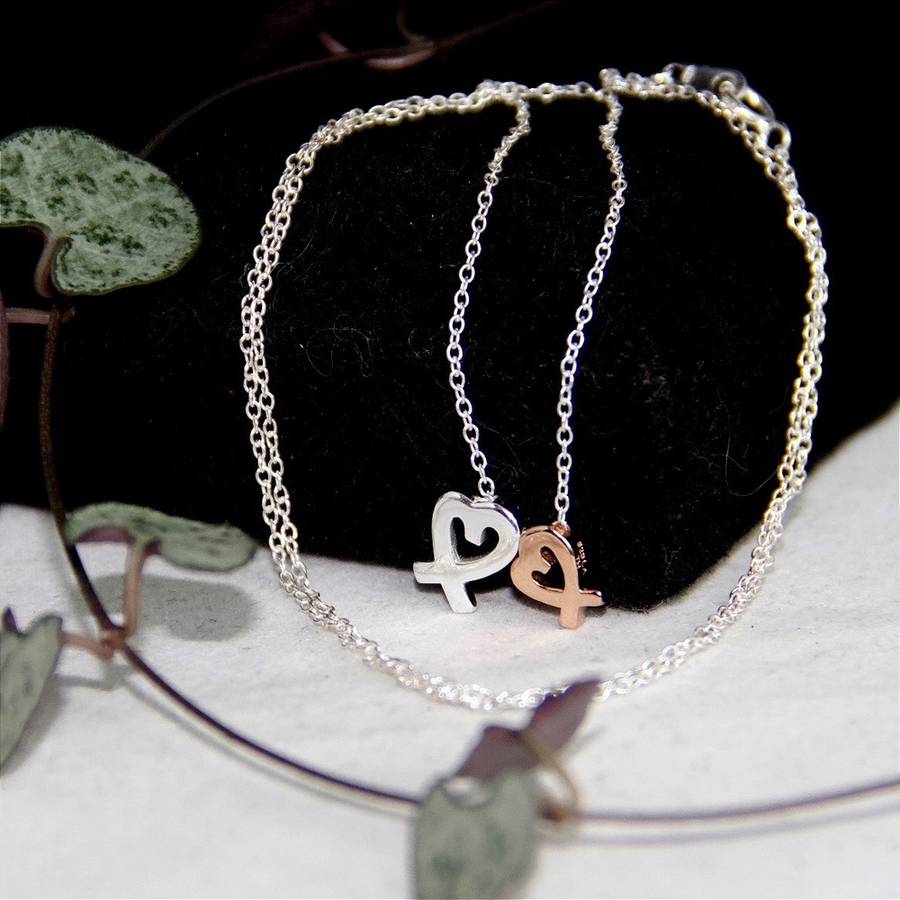 Sterling Silver Double Heart Necklace Rose Gold Tone Mixed Metal 925 Chain 18in